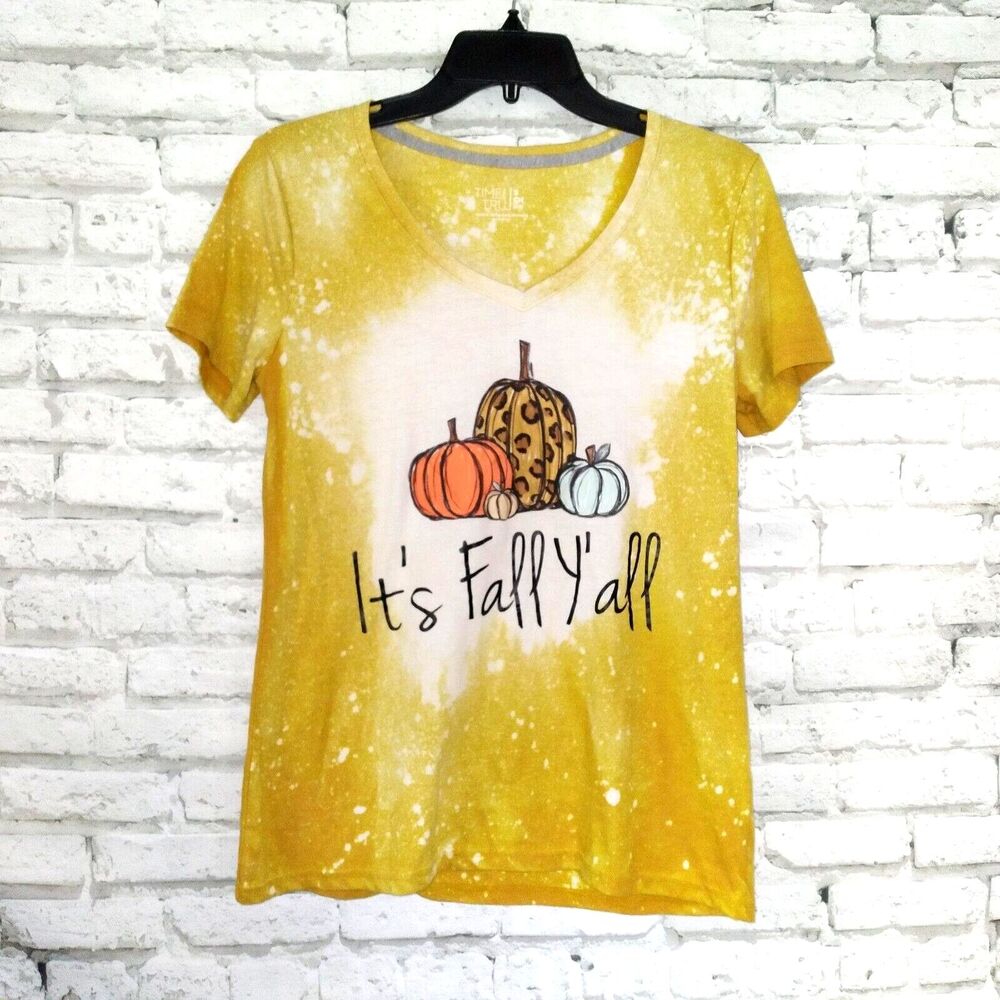 Time and Tru T Shirt Womens Small Yellow V Neck Pumpkin Bleached It's Fall Y'all